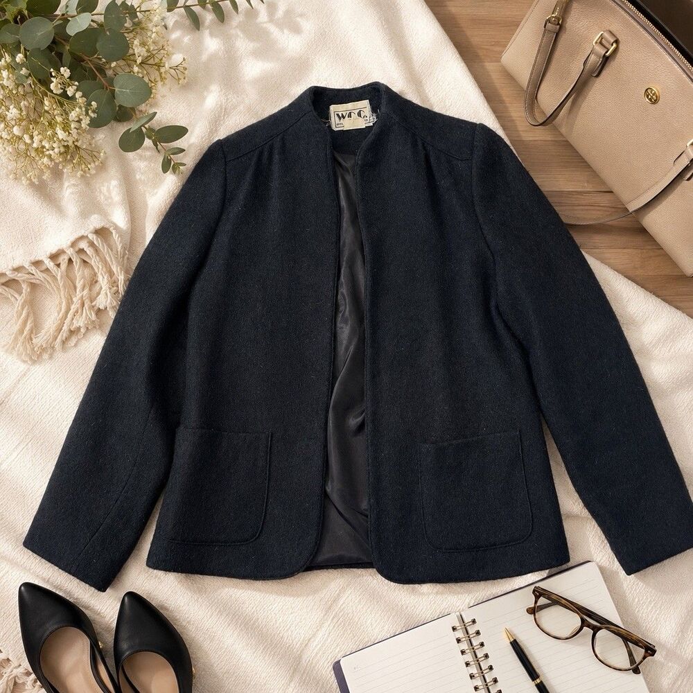 Womens Wool Open Front Blazer Jacket Career Long Sleeve Pockets Vintage WCC West